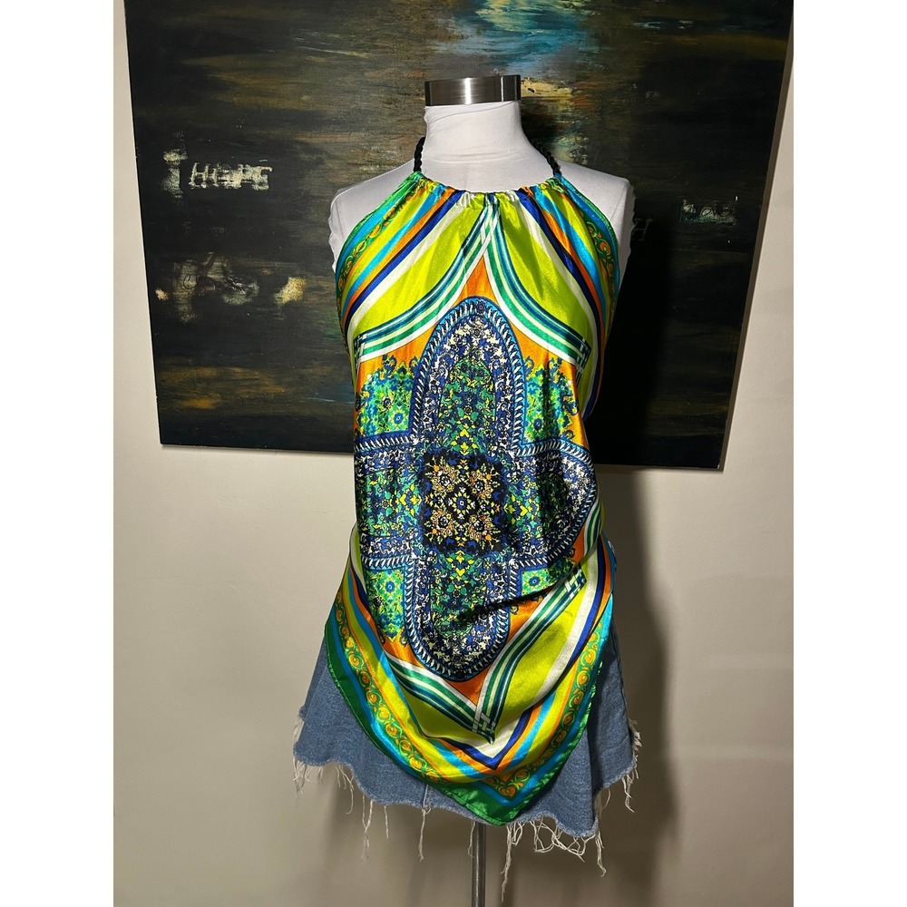 Body Central Lime Green Paisley Scarf Halter Top Smocked Back Y2K Boho